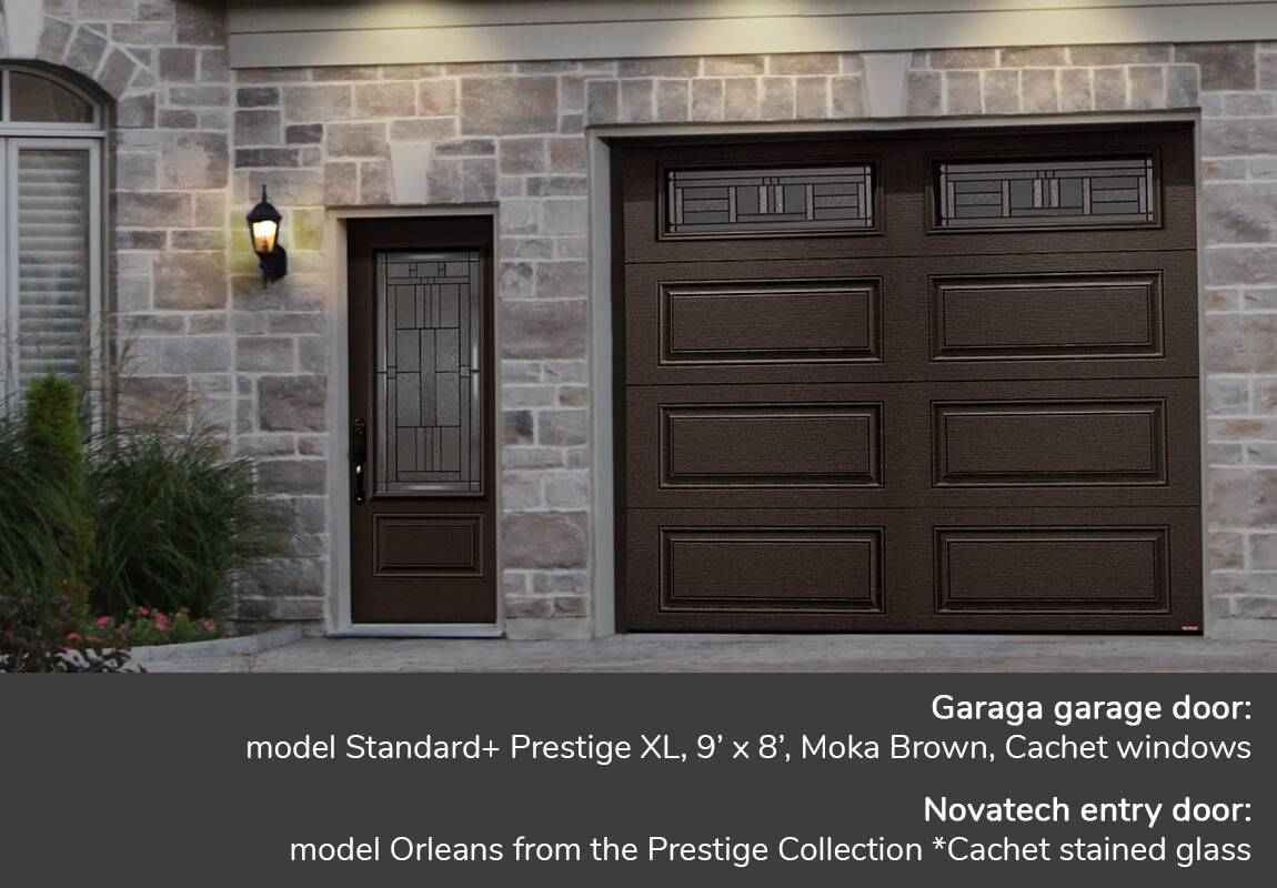 Garaga garage door: model Standard+ Prestige XL, 9’ x 8’, Moka Brown, Cachet windows | Novatech entry door: model Orleans from the Prestige Collection *Cachet stained glass