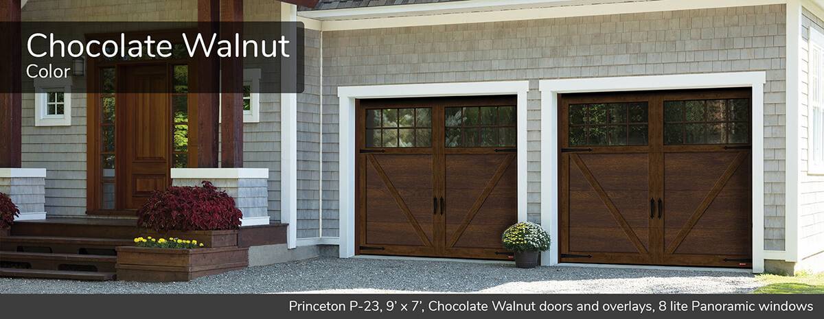 Princeton P-23, 9' x 7', Chocolate Walnut doors and overlays, 8 lite Panoramic windows