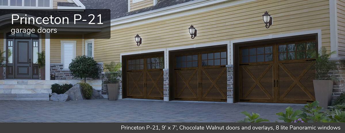Princeton P-21, 9' x 7', Chocolate Walnut doors and overlays, 8 lite Panoramic windows
