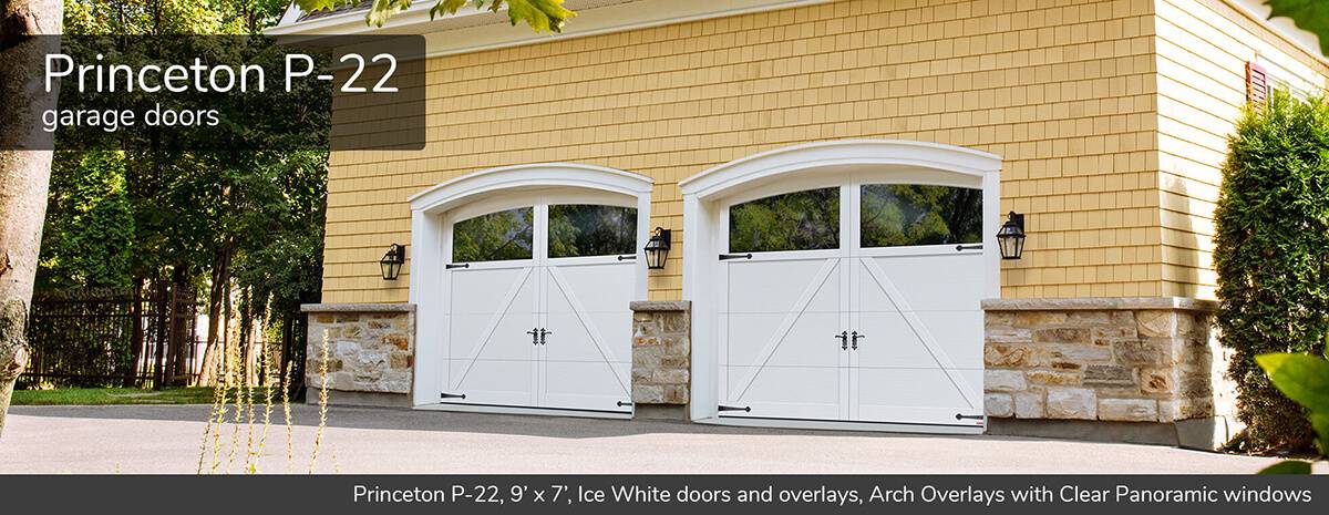 Princeton P-22, 9' x 7', Ice White doors and overlays, Arch Overlays with Clear Panoramic windows