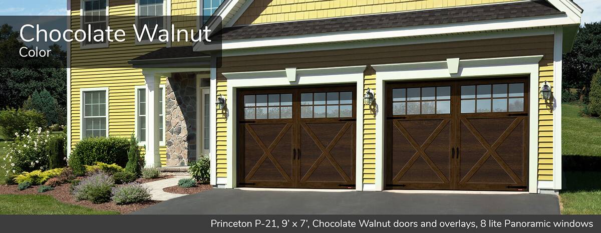 Princeton P-21, 9' x 7', Chocolate Walnut doors and overlays, 8 lite Panoramic windows