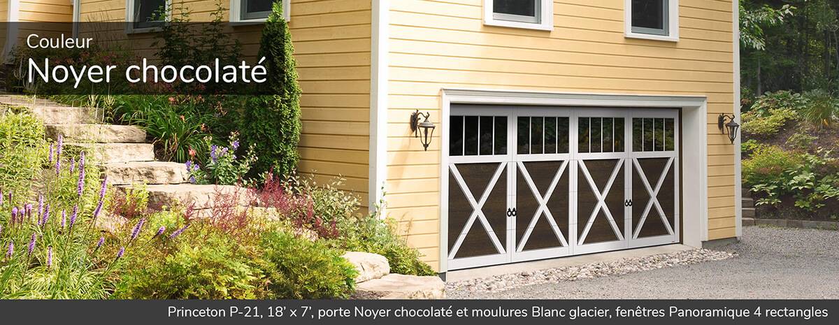 Princeton P-21, 18' x 7', porte Noyer chocolaté et moulures Blanc glacier, fenêtres Panoramique 4 rectangles