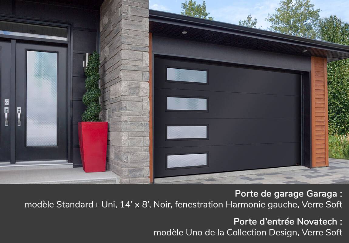 Porte de garage Garaga: Standard+ Uni, 14' x 8', Noir, fenestration Harmonie gauche, Verre Soft