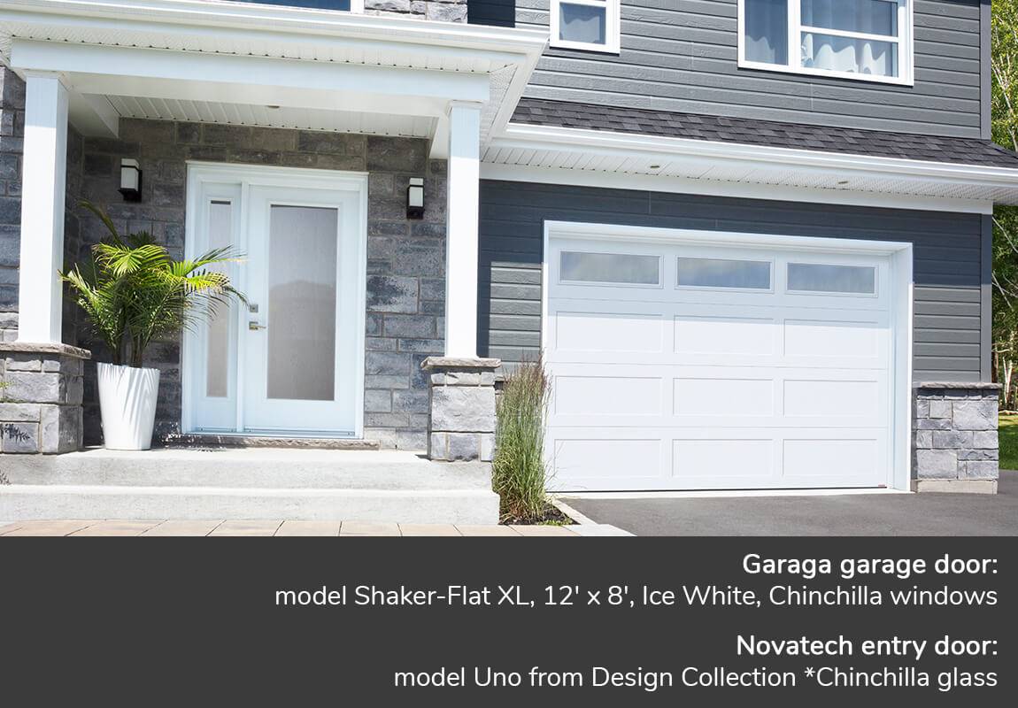 Garaga garage door: Standard+ Shaker-Flat XL, 12' x 8', Ice White, Chinchilla windows