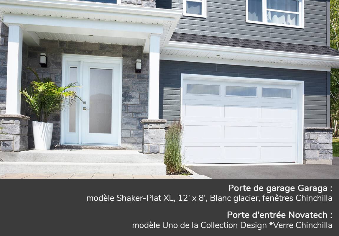Porte de garage Garaga: Standard+ Shaker-Plat XL, 12' x 8', Blanc glacier, fenêtres Chinchilla
