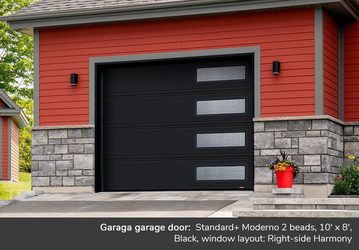 Garaga garage door: Standard+ Moderno 2 beads, 10' x 8', Black, window layout: Right-Side Harmony, Masterline windows