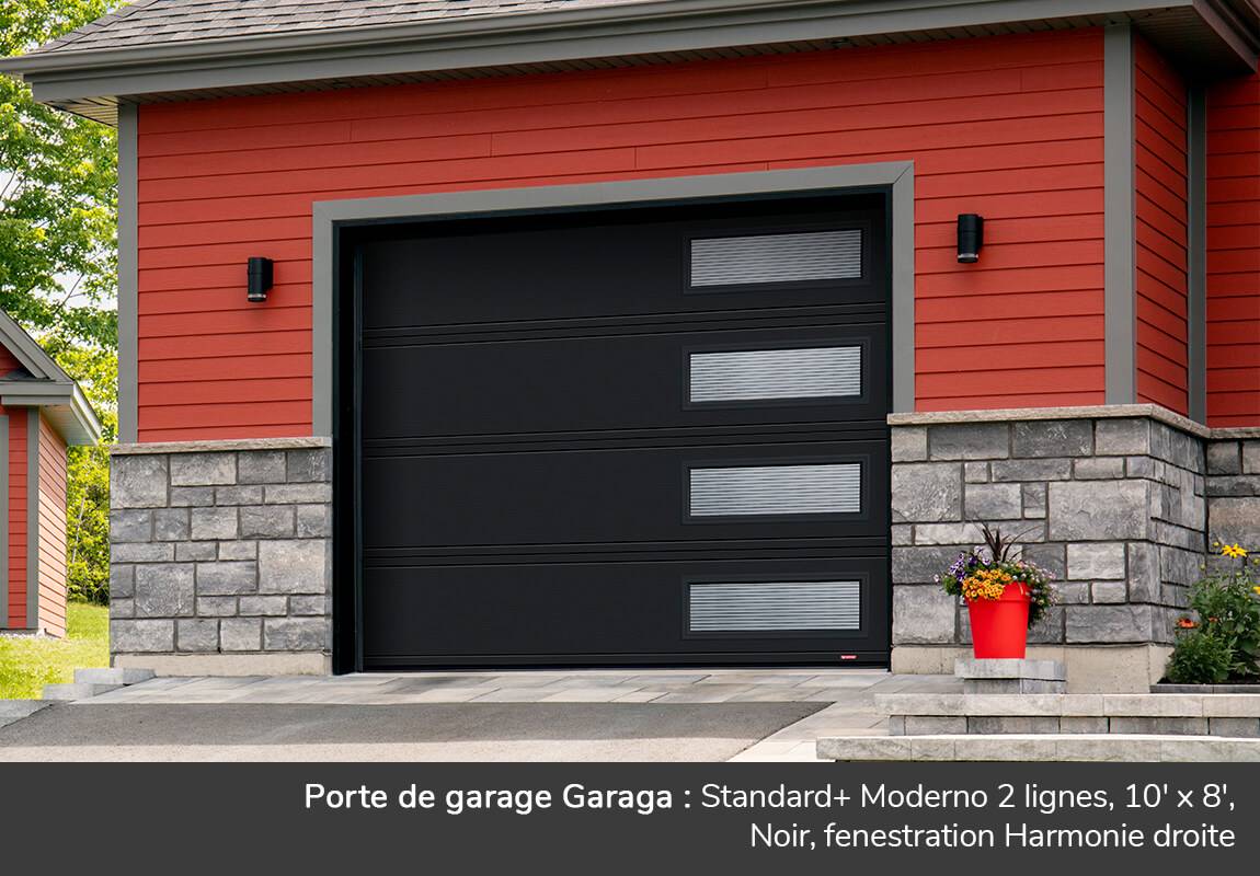 Porte de garage Garaga: Modèle Standard+ Moderno 2 lignes, 10' x 8', Noir, fenêtres Masterline, fenestration Harmonie droite