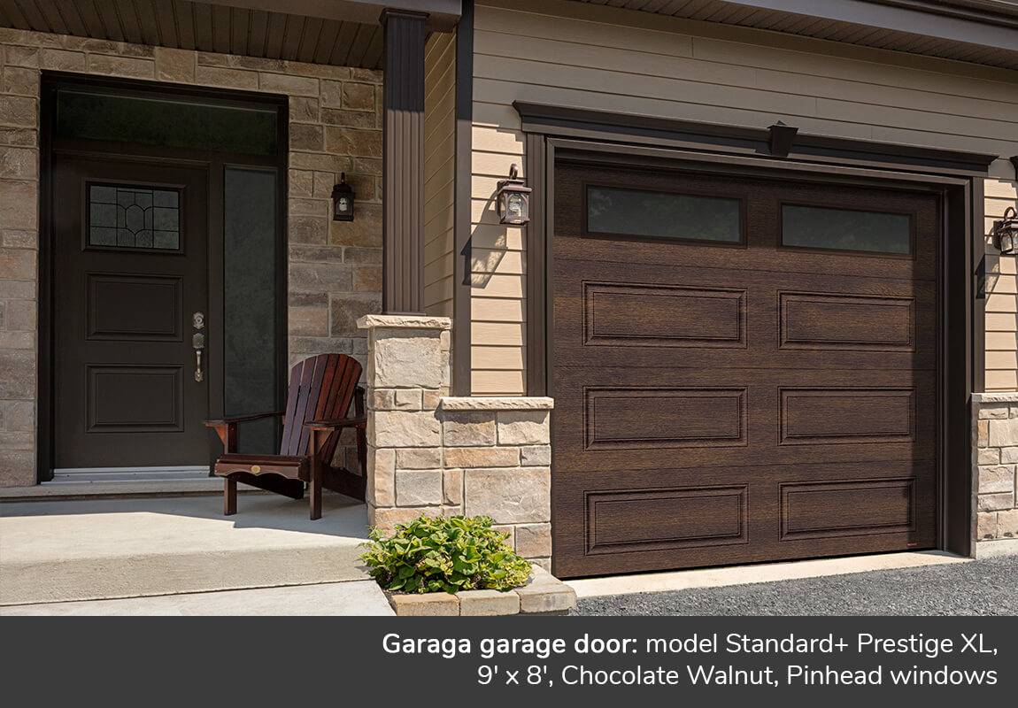 Garaga garage door: Standard+ Prestige XL, 9' x 8', Chocolate Walnut, Pinhead windows