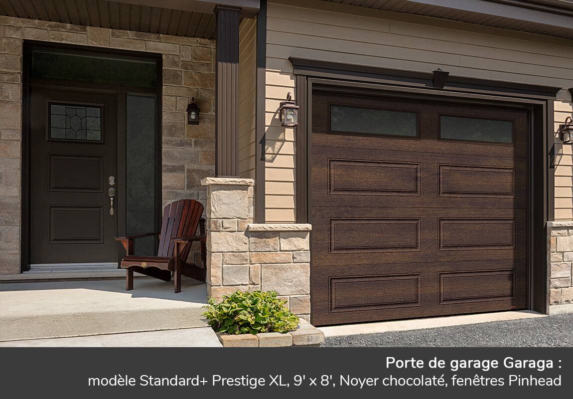 Porte de garage Garaga: Standard+ Prestige XL, 9' x 8', Noyer chocolaté, fenêtres Pinhead