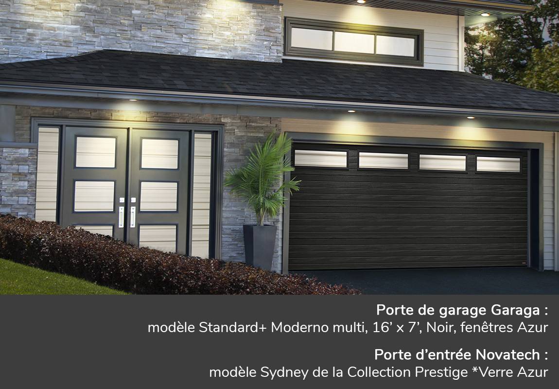 Porte de garage Garaga: Modèle Standard+ Moderno Multi, 16' x 7', Noir, fenêtres Azur - Porte d'entrée Novatech: modèle Sydney de la Collection Prestige * Verre Azur