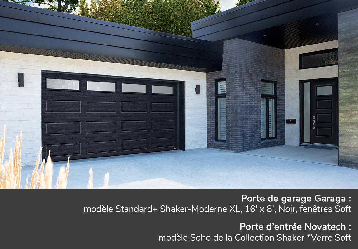 Porte de garage Garaga: Standard+ Shaker-Moderne XL, 16' x 8', Noir, fenêtres Soft