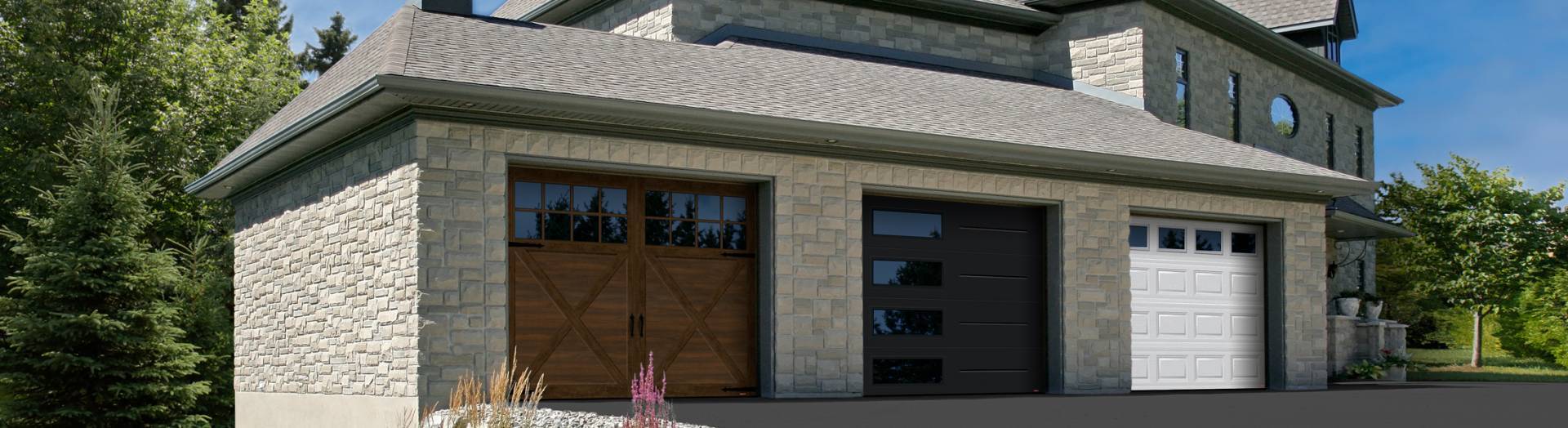 Sample house showing the 3 styles of garage doors: Carriage House, Contemporay and Traditional 