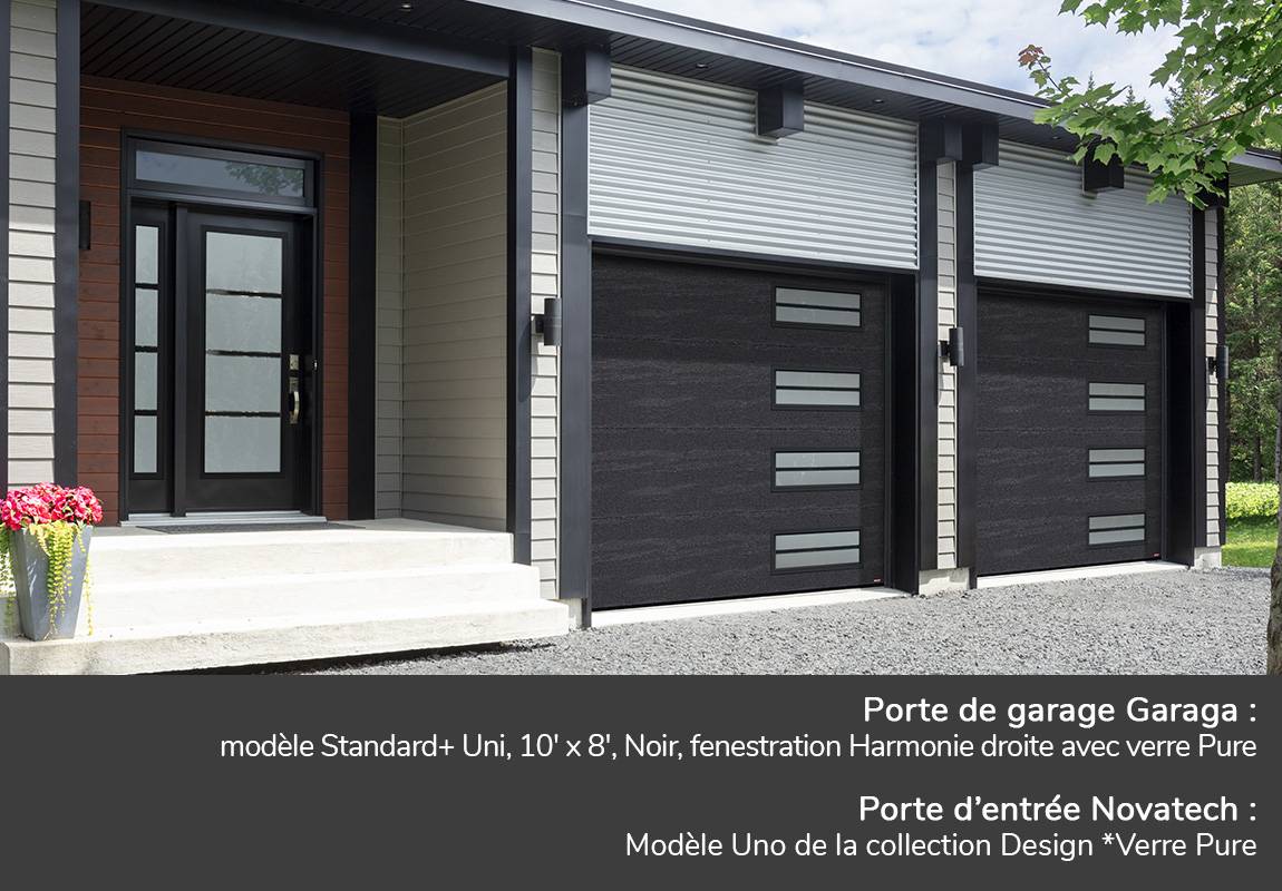 Porte de garage Garaga: Standard+ Uni, 10' x 8', Noir, fenestration Harmonie droite avec verre Pure