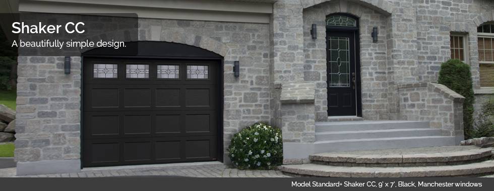 Garaga Garage Doors – Model Standard+ Shaker CC, 9’ x 7’, Black, Manchester windows
