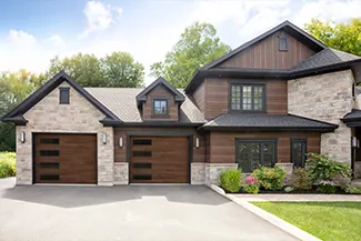 Standard+ Plank, 10' x 8', Dark Acacia HD wood Tone doors, window layout: Left-side Harmony with Tinted glass