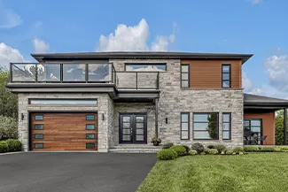 Standard+ Plank design, 12' x 7', Cedar HD Wood Tone doors, window layout: Exterior Harmony with clear glass. Novatech's Pure entry door.