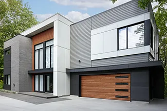 Standard+ Plank design, 16' x 7', Cedar HD Wood Tone door, window layout: Right-side Harmony, Slim Windows with Tinted glass