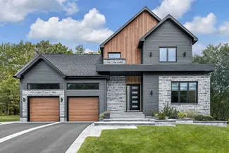 Standard+ Plank design, 9' x 8', Cedar HD Wood Tone doors. Novatech's Uno entry door with Edge windows.