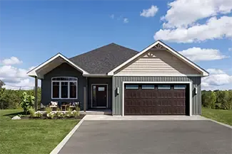 Standard+ Shaker-Flat XS, 16' x 8', Dark Walnut, White Sandblasted windows. Victoria entry door from Novatech.