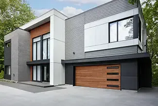 Vantage Plank, 16' x 7', Cedar HD Wood Tone doors, window layout: Right-side Harmony, Slim Windows with Tinted glass