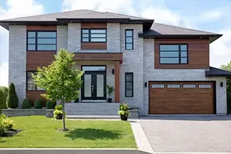 Vantage Plank, 16' x 8', Dark Acacia HD Wood Tone door, White Sandblasted windows. Novatech's Uno entry door.