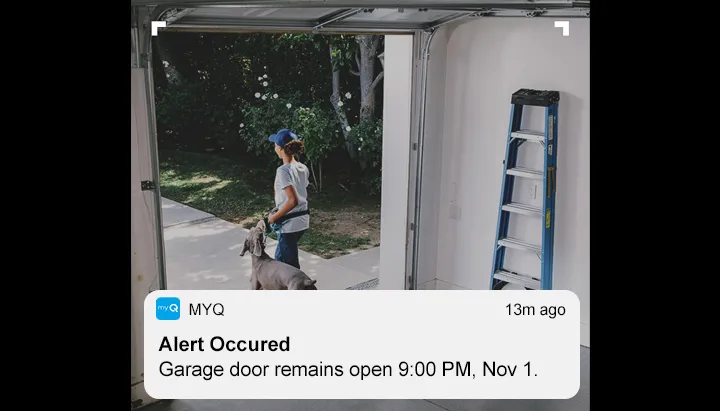 The homeowner gets a notification on his smart phone “Alert Occurred – The garage door remains open  and sees that the neighbor who walks the dog as the last to come out from the garage door.