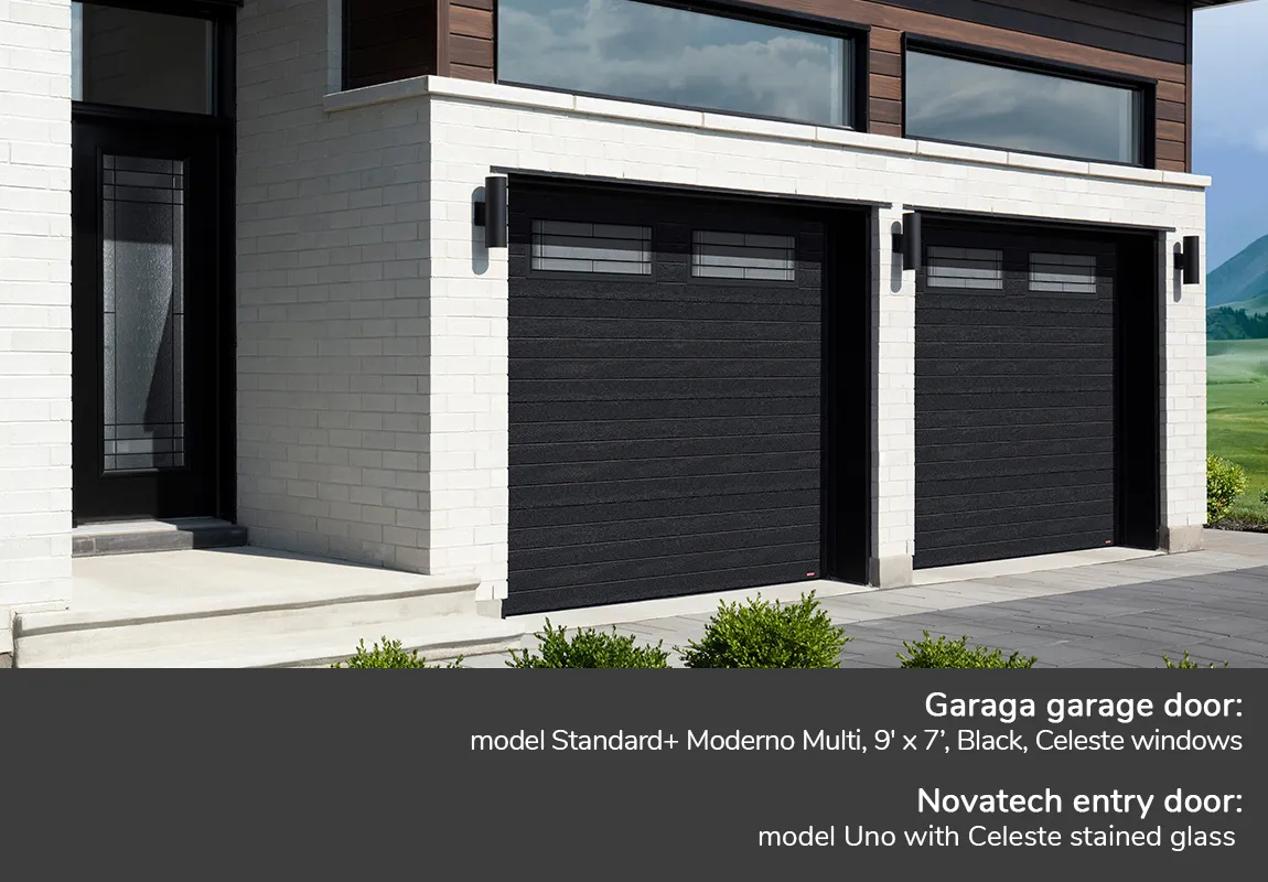GARAGA garage doors | model Standard+ Moderno multi, Black, Celeste windows | Novatech Entry door
