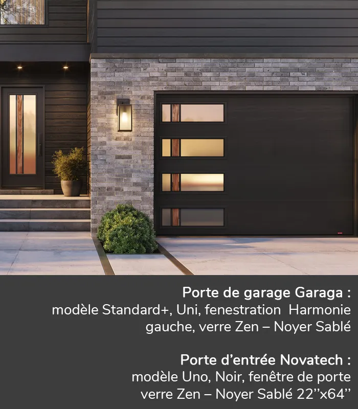 Portes de garage GARAGA | Standard+, Uni, 10’x7’, Noir, fenestration Harmonie gauche, verre Zen – Noyer Sablé | Porte d'entrée Novatech
