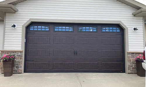 Standard+ North Hatley LP garage door, 16' x 8', Dark Walnut Faux Wood, Clear windows