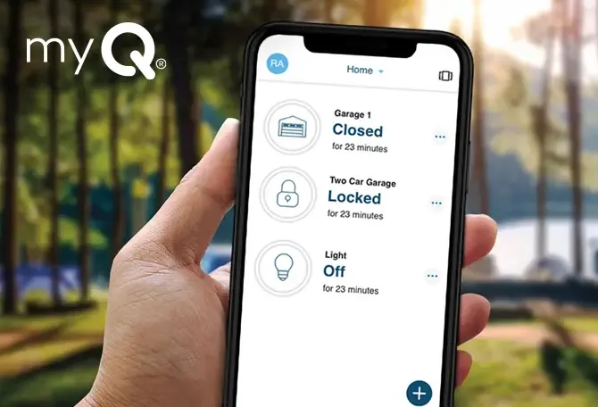 A person holding a cell phone. You can see the MyQ app on the screen. How the owner can manage his door garage door opening and closing and the lights off.